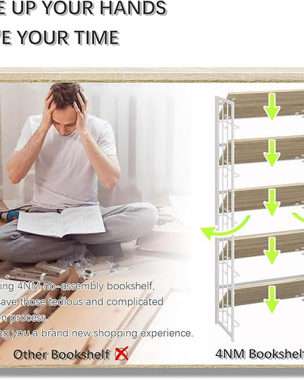 4NM No-Assembly 5 Tiers Folding Bookshelf Storage Shelves Vintage Bookcase Standing Racks Study Organizer Home Office - Natural and White - LeafyLoom