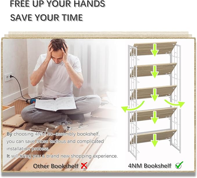 4NM No-Assembly 5 Tiers Folding Bookshelf Storage Shelves Vintage Bookcase Standing Racks Study Organizer Home Office - Natural and White - LeafyLoom