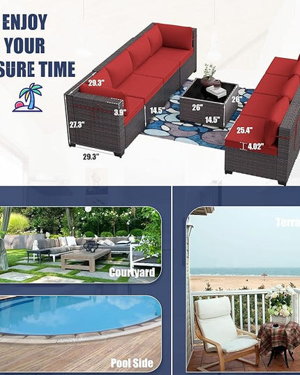 Outdoor Furniture Set 7PCS Patio Furniture for Backyard Wicker Sectional Sofa Set 6 Seats, PE Rattan Outdoor Conversation Set with Thickened Cushions and Glass Coffee Table, Red - LeafyLoom