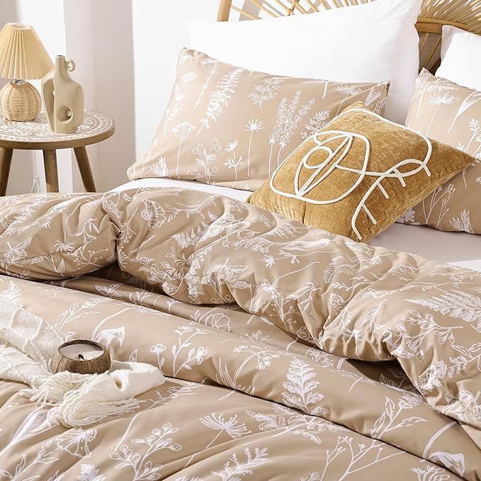 JANZAA 3pcs Taupe Comforter Set King Size Comforter Set,Soft Microfiber Bedding Plant Printed on Floral Comforter with 2 Pillow Cases for All Seasons(King) - LeafyLoom