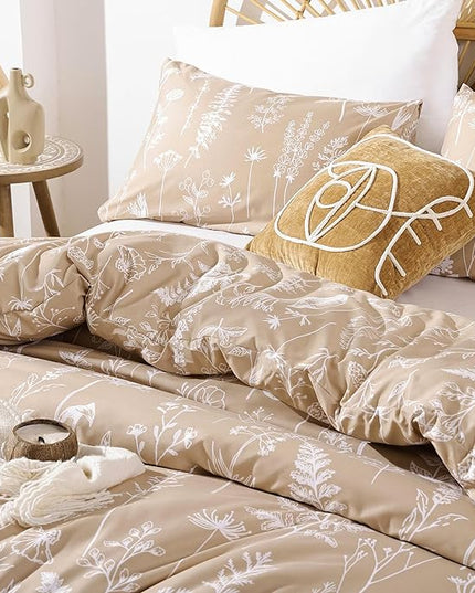 JANZAA Twin Comforter Taupe Comforter Set Floral Comforter Set Bedding Set White Flower Printed Lightweight Comforter with 1 Pillow Case for All Season Using - LeafyLoom