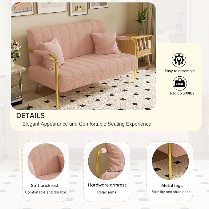NicBex Sectional Couch Sofa with 2 Pillows Modern Cloud Couch for Living Room Furniture Sets with Metal Legs and Sponge Filled, Modular Sofa for Living Room, Bedroom, Apartment, 58.66" L, Pink - LeafyLoom