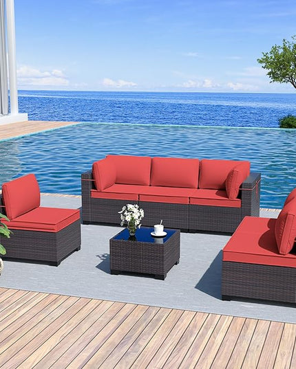 Outdoor Furniture Set 7PCS Patio Furniture for Backyard Wicker Sectional Sofa Set 6 Seats, PE Rattan Outdoor Conversation Set with Thickened Cushions and Glass Coffee Table, Red - LeafyLoom