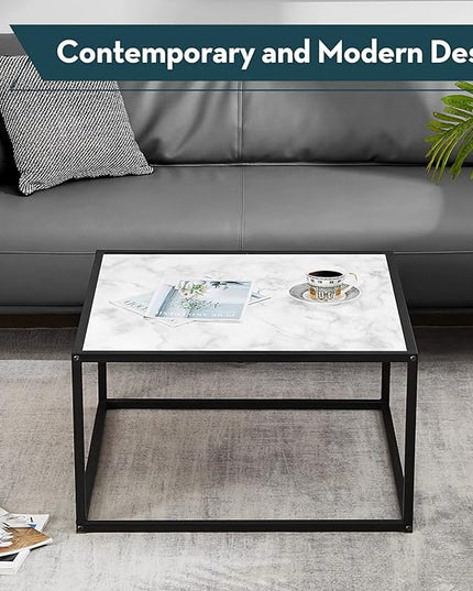 SAYGOER White Coffee Table,Small Square Coffee Table,Modern Center Table for Living Room Office 27.6 * 27.6 * 15.7 Inch, Easy Assembly, White Faux Marble Top - LeafyLoom