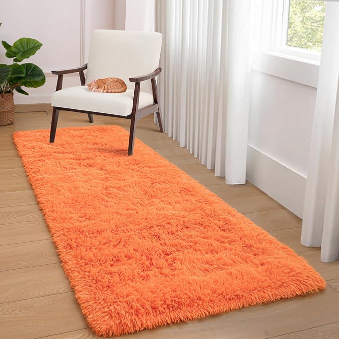 Softlife Area Rug for Bedroom, 2x6 Feet Runner Rug Plush Fluffy Rug for Living Room, Orange Shag Rug for Aesthetic Christmas Room Decor, Modern Fuzzy Faux Fur Carpet for Kids Nursery Room Dorm - LeafyLoom