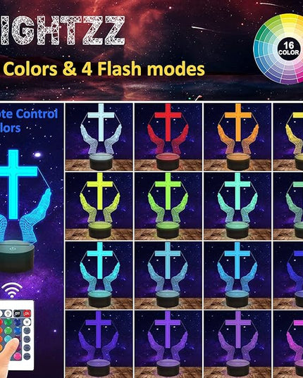 Jesus Cross 3D LED Night Light for Friends Xmas Easter Room Decor Gifts, Crucifix Optical Illusion Desk Table Lamp with Remote + 16 Color Flashing Change + Timer - LeafyLoom