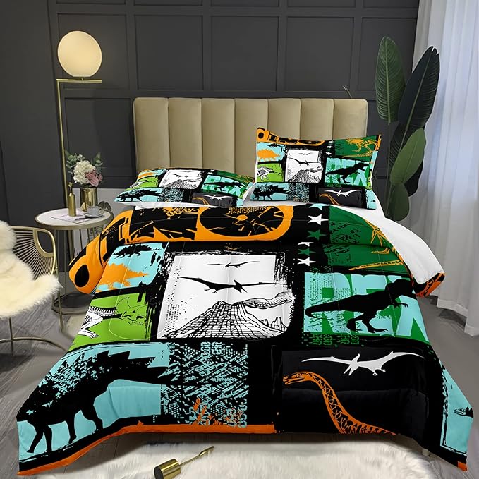Bodhi Queen Size Teen Comforter Set,Boys Comforter Bedding Set with Pillowcases,Teen Kids Queen Size Dinosaur Comforter Set,Cartoon Dinosaur Bedding Set,Boy Bed Set - LeafyLoom