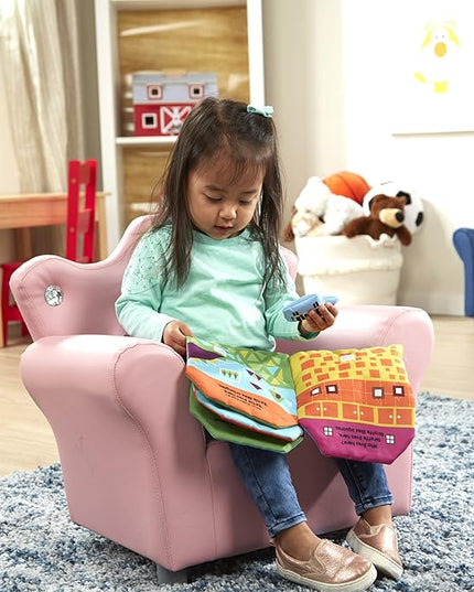 Melissa & Doug Pink Faux Leather Child’s Crown-Back Armchair (Kid’s Furniture) - Princess Chair For Toddlers, Children's Furniture, Pink Chair For Kids - LeafyLoom