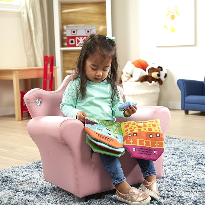 Melissa & Doug Pink Faux Leather Child’s Crown-Back Armchair (Kid’s Furniture) - Princess Chair For Toddlers, Children's Furniture, Pink Chair For Kids - LeafyLoom