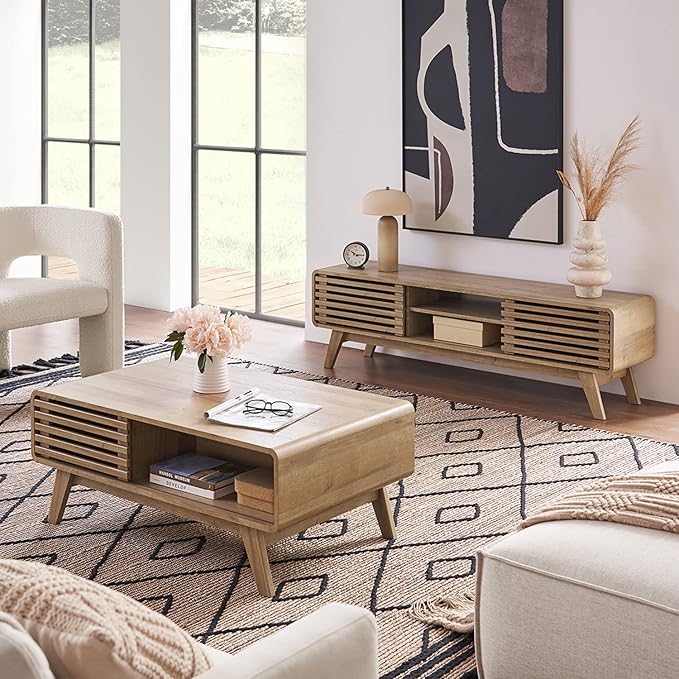 mopio Ensley Coffee Table, Mid Century Modern Table with Storage, Farmhouse Wood Coffee Table for Living Room Fluted (Oak) - LeafyLoom