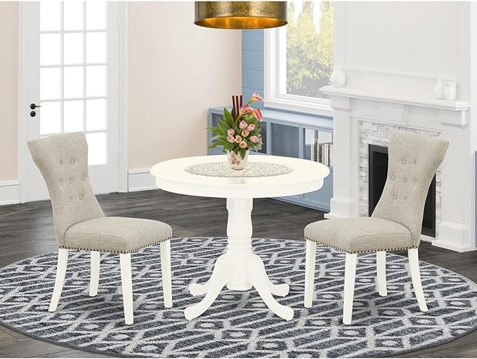 East West Furniture ANGA3-LWH-35 3 Piece Room Furniture Set Contains a Round Dining Table with Pedestal and 2 Doeskin Fabric Upholstered Chairs, Linen White - LeafyLoom