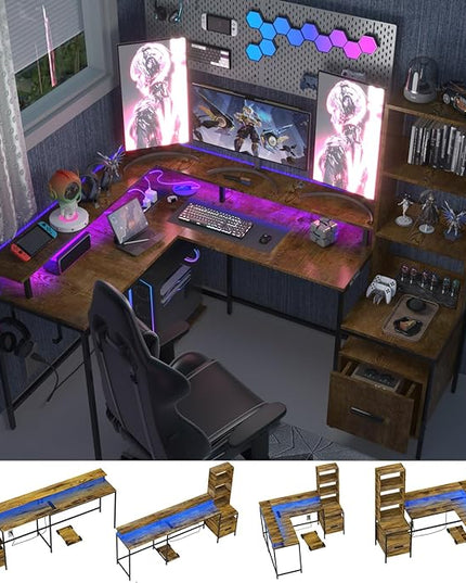 Rustic Brown L Shaped Desk with File Drawers, Computer Desk with Power Outlet and Monitor Shelf, Home Office Desk with Storage Shelves, Gaming Desk with Led Lights - LeafyLoom