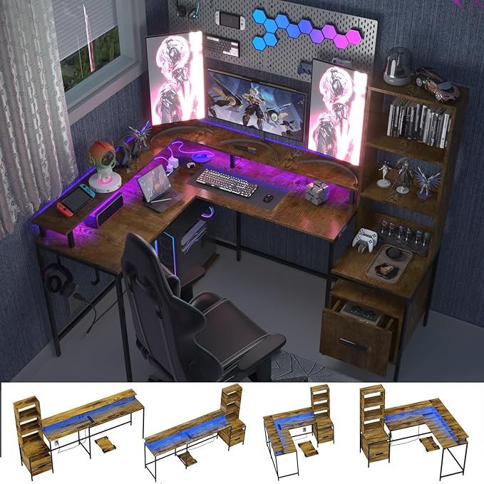 Rustic Brown L Shaped Desk with File Drawers, Computer Desk with Power Outlet and Monitor Shelf, Home Office Desk with Storage Shelves, Gaming Desk with Led Lights - LeafyLoom