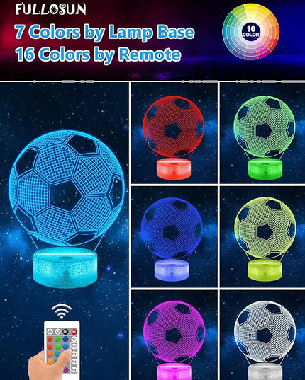 FULLOSUN Soccer Gift, Soccer Night Light (with Remote Control), 3D Illusion Lamp 16 Colors Change, Boys Kids Gift Idea for Sport Fan Boys Girls - LeafyLoom