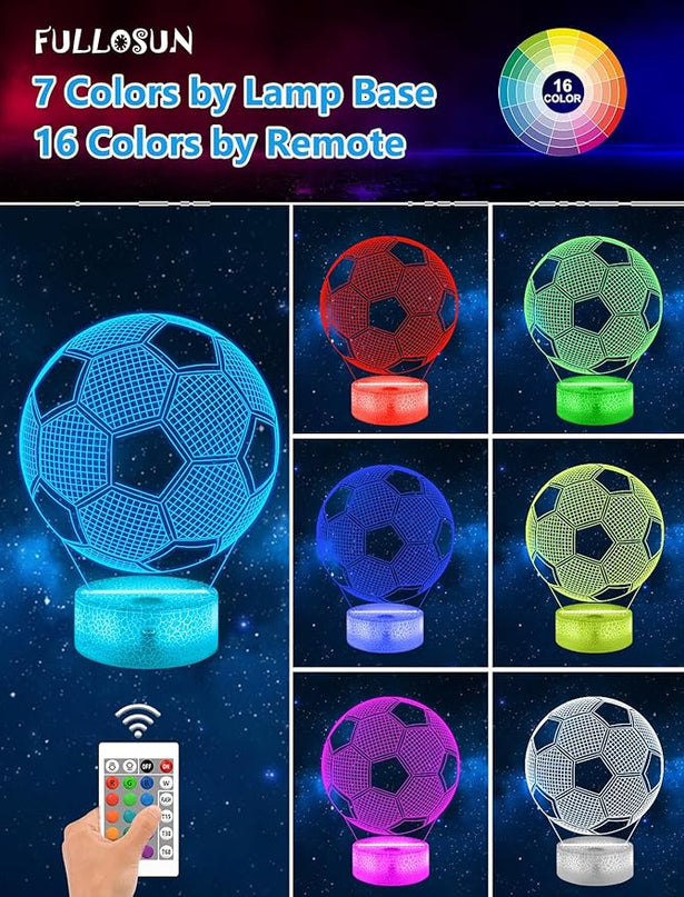 FULLOSUN Soccer Gift, Soccer Night Light (with Remote Control), 3D Illusion Lamp 16 Colors Change, Boys Kids Gift Idea for Sport Fan Boys Girls - LeafyLoom