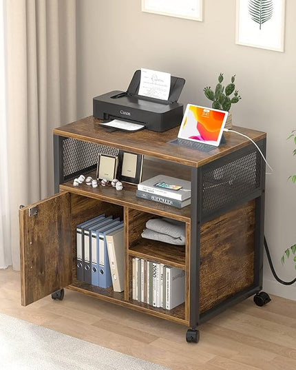 Unikito Lateral File Cabinet, Locking Office Filing Cabinets with Socket and USB Charging Port, Modern Rolling Printer Stand with Storage for A4, Letter Size and File Folders, Rustic Brown - LeafyLoom