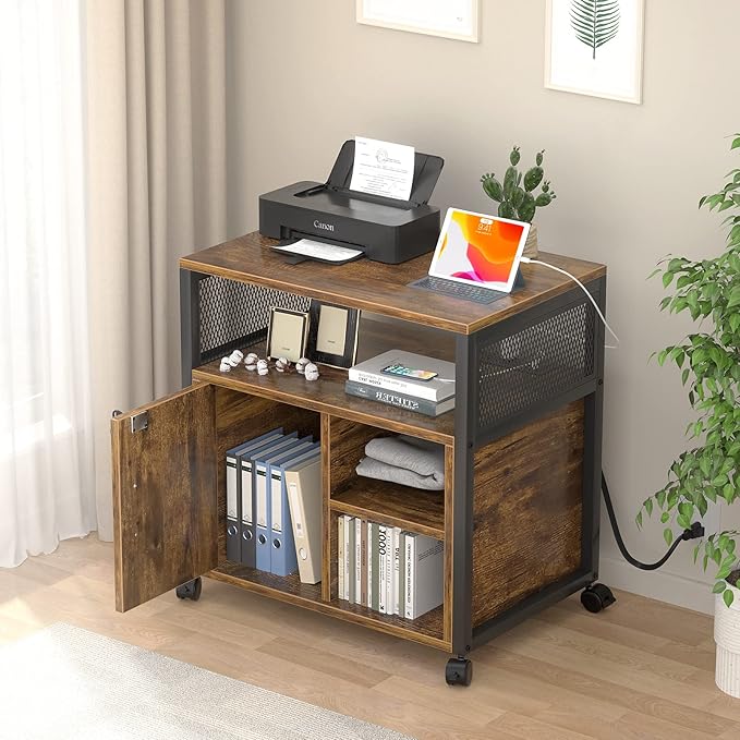 Unikito Lateral File Cabinet, Locking Office Filing Cabinets with Socket and USB Charging Port, Modern Rolling Printer Stand with Storage for A4, Letter Size and File Folders, Rustic Brown - LeafyLoom