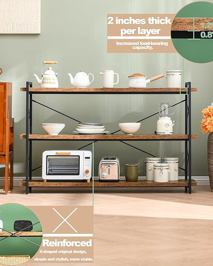 HCHQHS Bookshelf, 3-Tier Long Industrial Bookcase, Rustic Open Book Shelf, Freestanding Horizontal Bookshelves with Metal Frame - LeafyLoom