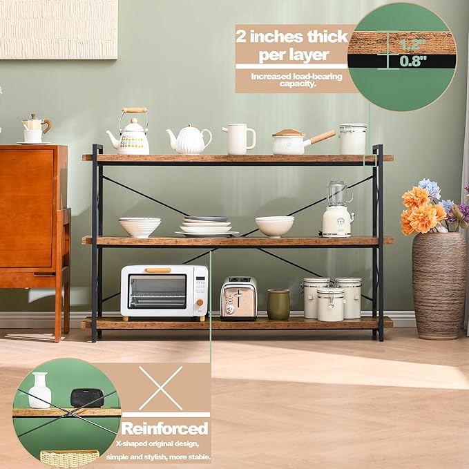 HCHQHS Bookshelf, 3-Tier Long Industrial Bookcase, Rustic Open Book Shelf, Freestanding Horizontal Bookshelves with Metal Frame - LeafyLoom