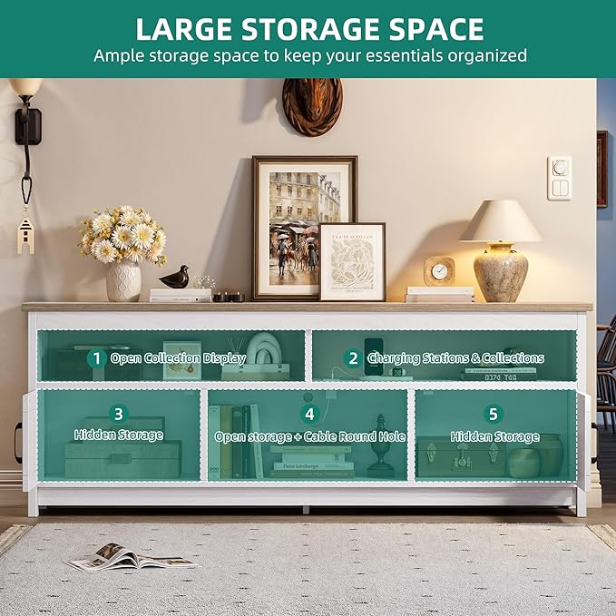 YITAHOME TV Stand for 75 Inch TV w/Power Outlets, Farmhouse Entertainment Center with Storage Cabinets, Rustic TV Cabinet Media Console Table for Living Room, 65'' Large TV Stand, Grey White/Grey Wash - LeafyLoom