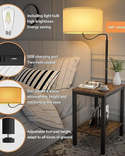 LED Floor Lamp with Table - Rustic End Table with USB Charging Port, Power Outlet, Bedside Nightstand Shelves, Side Table with Reading Standing Light for Living Room, Bedroom, Bulb Included - LeafyLoom