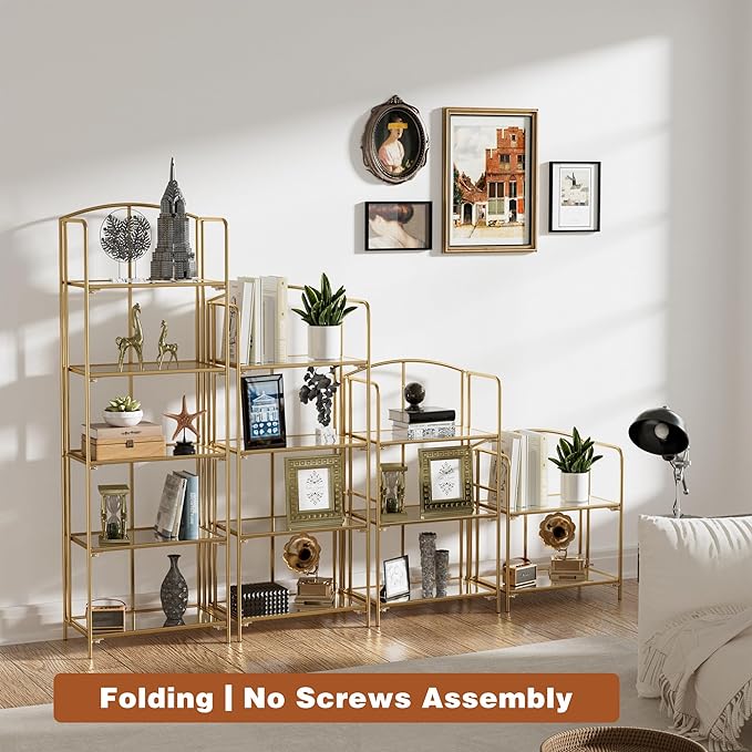 No Assembly Folding Bookshelf for Living Room, 3 Tier Gold Collapsible Book Shelf for Home Office, Portable Bookcase Storage Organizer - LeafyLoom