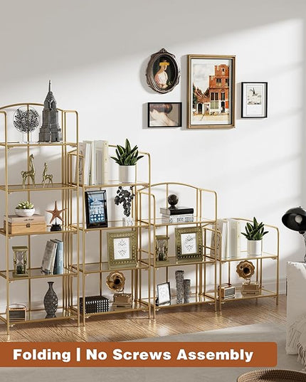 No Assembly Folding Bookshelf for Living Room, 5 Tier Gold Collapsible Book Shelf for Home Office, Portable Bookcase Storage Organizer - LeafyLoom