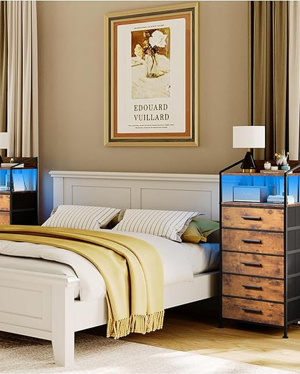 Nightstand 5 Drawer Dresser with LED Lights and Charging Station, Vertical Side Table with Fabric Drawers, End Table with Open Shelf, Tall Dresser for Bedroom, Hallway, Entryway, Rustic Brown - LeafyLoom