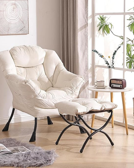 Welnow Lazy Chair with Ottoman, Modern Lounge Accent Armrests and a Side Pocket, Leisure Upholstered Sofa Set, Reading Footrest for Small Space, Corner Chair, Beige - LeafyLoom