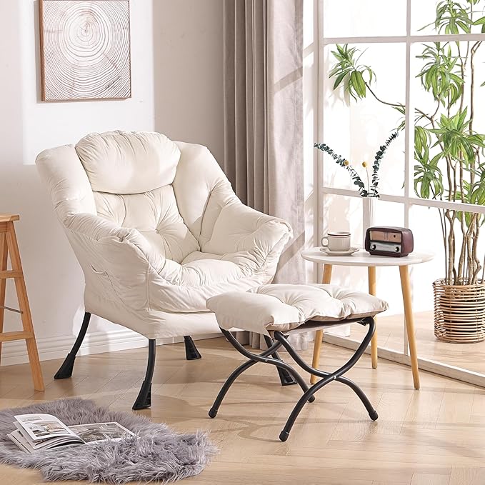 Welnow Lazy Chair with Ottoman, Modern Lounge Accent Armrests and a Side Pocket, Leisure Upholstered Sofa Set, Reading Footrest for Small Space, Corner Chair, Beige - LeafyLoom