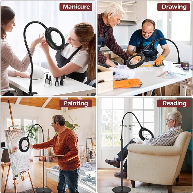 8X Stand Magnifying Glass with Light, Veemagni 24" Flexible Gooseneck 5 Color Modes Stepless Dimmable Magnifying Floor Lamp, 3-in-1 Adjustable Lighted Magnifier Hands Free for Close Work, Esthetican - LeafyLoom