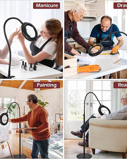 5X Stand Magnifying Glass with Light, Veemagni 24" Flexible Gooseneck 5 Color Modes Stepless Dimmable Magnifying Floor Lamp, 3-in-1 Adjustable Lighted Magnifier Hands Free for Close Work, Esthetican - LeafyLoom