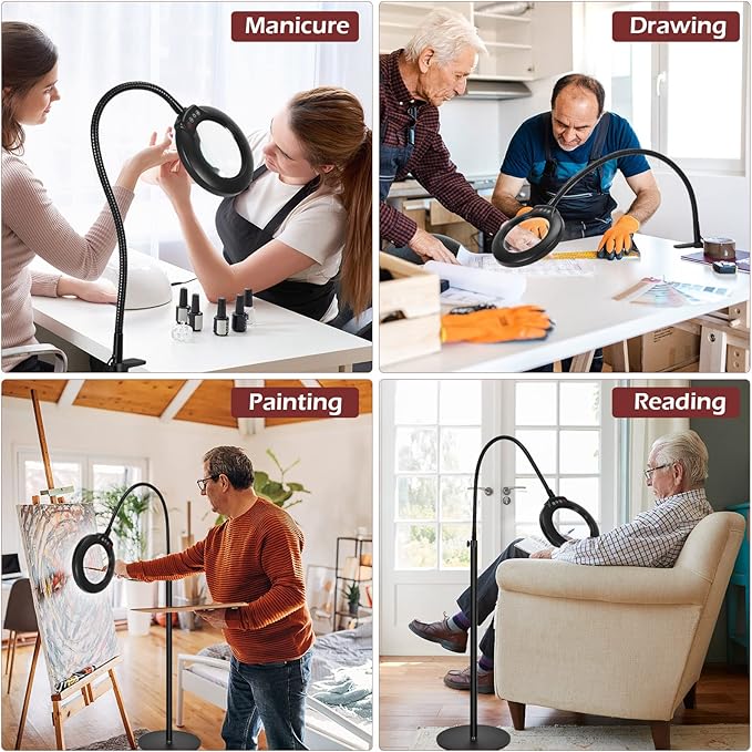 5X Stand Magnifying Glass with Light, Veemagni 24" Flexible Gooseneck 5 Color Modes Stepless Dimmable Magnifying Floor Lamp, 3-in-1 Adjustable Lighted Magnifier Hands Free for Close Work, Esthetican - LeafyLoom
