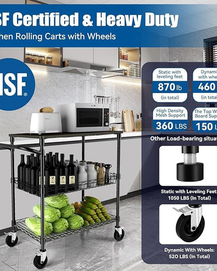 3 Tier Heavy Duty Rolling Utility Cart with Wood Top, NSF Certified Commercial Grade Rolling Carts with Wheels, Handle Bar, Shelf Liner, Trolley Serving Cart for Kitchen, Black - LeafyLoom