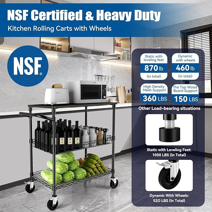 3 Tier Heavy Duty Rolling Utility Cart with Wood Top, NSF Certified Commercial Grade Rolling Carts with Wheels, Handle Bar, Shelf Liner, Trolley Serving Cart for Kitchen, Black - LeafyLoom