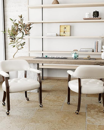 Large Dining Chairs with Casters and Arms, Rolling Dining Chairs with Wheels, Accent Solid Wood Boss Caption's Chairs, 26" D x 25.2" W x 31.5" H, Espresso Legs & Ivory PU SY-318-WT - LeafyLoom