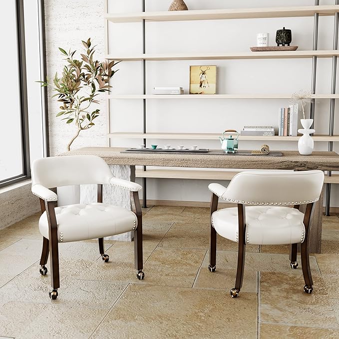 Large Dining Chairs with Casters and Arms, Rolling Dining Chairs with Wheels, Accent Solid Wood Boss Caption's Chairs, 26" D x 25.2" W x 31.5" H, Espresso Legs & Ivory PU SY-318-WT - LeafyLoom