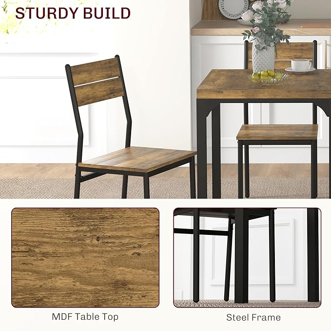 HOMCOM 3 Piece Dining Table Set for 2, Modern Kitchen Table and Chairs, Dining Room Set for Breakfast Nook, Small Space, Apartment, Space Saving, Rustic Brown - LeafyLoom