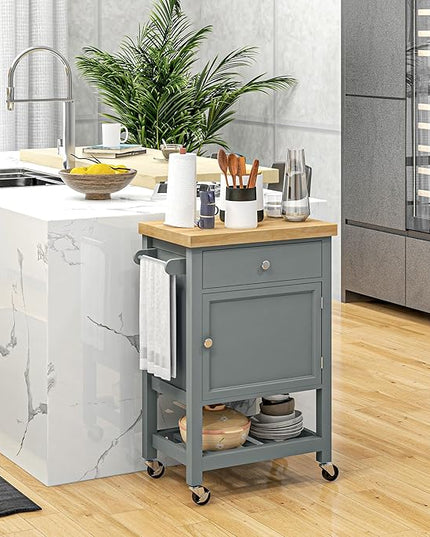 HOMCOM Utility Kitchen Cart, Rolling Kitchen Island with Smooth Rubberwood Top, Narrow Butcher Block Surface on Wheels with Storage Drawer & Cabinet, Gray - LeafyLoom