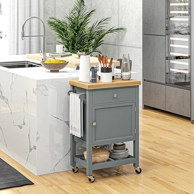 HOMCOM Utility Kitchen Cart, Rolling Kitchen Island with Smooth Rubberwood Top, Narrow Butcher Block Surface on Wheels with Storage Drawer & Cabinet, Gray - LeafyLoom