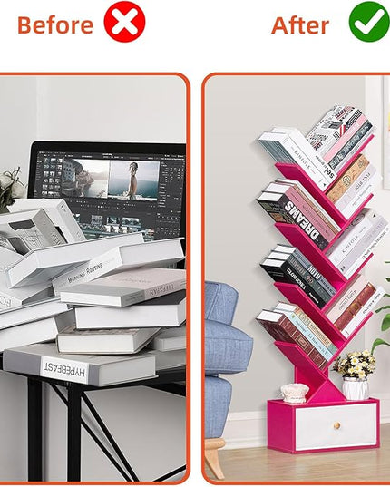 8 Tier Tree Bookshelf with Drawer, Free Standing Wood Bookcase for Narrow Space, Storage Organizer Bookshelves for Books, Book Case for Home Office, Living Room, Bedroom - Pink - LeafyLoom