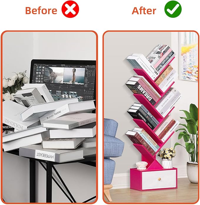 8 Tier Tree Bookshelf with Drawer, Free Standing Wood Bookcase for Narrow Space, Storage Organizer Bookshelves for Books, Book Case for Home Office, Living Room, Bedroom - Pink - LeafyLoom