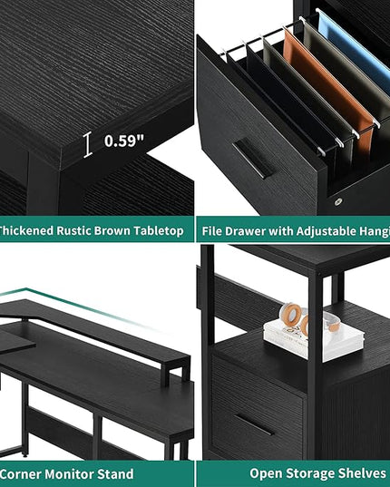 YITAHOME L Shaped Desk with File Drawer, 65" Large Computer Desk Corner Desk with Lift Top, Standing Desk Height Adjustable with Monitor Stand & Storage Shelves for Home Office, Black - LeafyLoom
