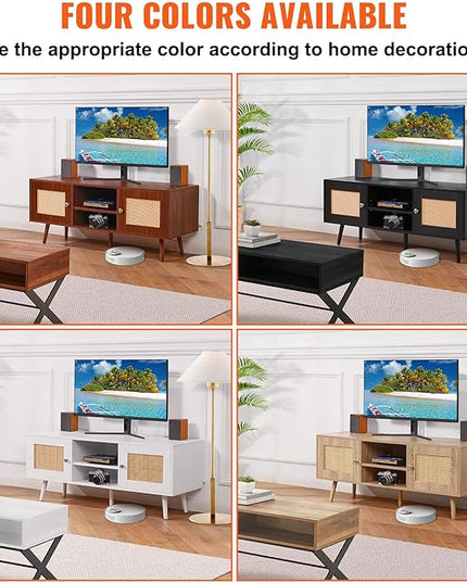 VEVOR Rattan TV Stand, Boho TV Cabinet for 55 inch TV, Mid Century Modern TV Stand, Rattan TV Console with Adjustable Shelfs for Living Room, Media Room, White - LeafyLoom