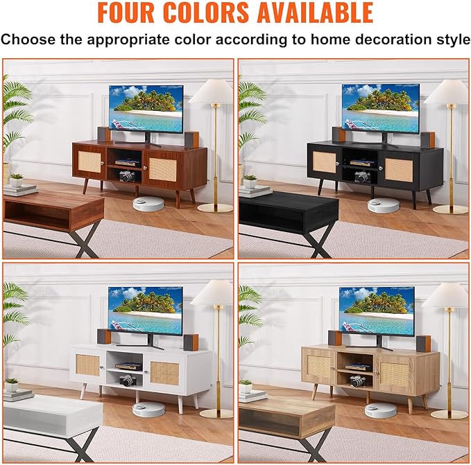 VEVOR Rattan TV Stand, Boho TV Cabinet for 55 inch TV, Mid Century Modern TV Stand, Rattan TV Console with Adjustable Shelfs for Living Room, Media Room, White - LeafyLoom