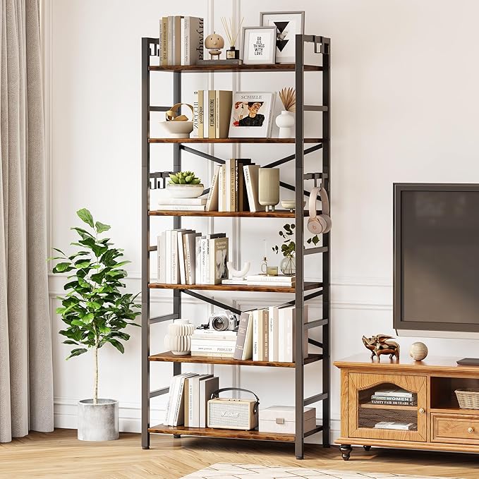 6 Tier Bookshelf, Industrial Bookcase with 8 Hooks, Vintage Storage Rack with Open Shelves, Rustic Standing Bookshelves Metal Frame Display Rack for Living Room, Bedroom, Rustic Brown - LeafyLoom