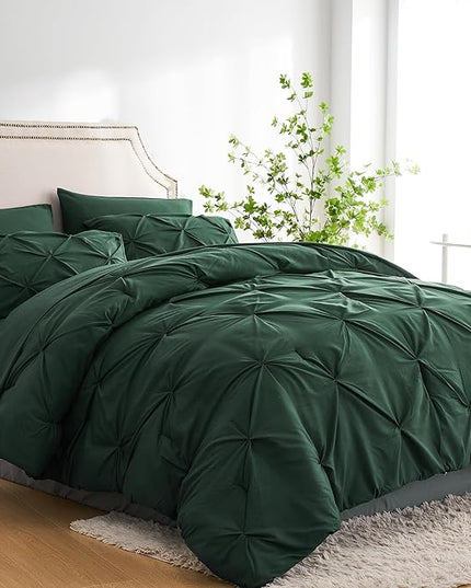 Ubauba 7pc King Size Comforter Set with Sheets Dark Green, Emerald 7 Pieces Pinch Pleat Bed in a Bag, All Season Hunter Green Beddings Set with Comforters (Green,King) - LeafyLoom