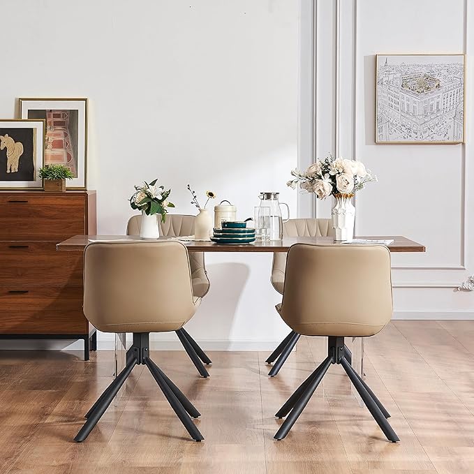 YOUNUOKE Upholstered Dining Chairs Set of 2 Comfortable Mid Century Modern Kitchen Chair with Sturdy Metal Legs Faux Leather Dinner Chairs for Kitchen Dining Room, Khaki - LeafyLoom
