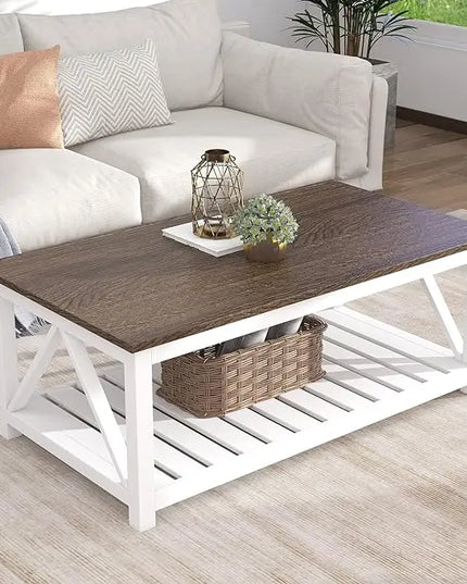 ChooChoo Farmhouse Coffee Table, Rustic Vintage Living Room Table with Shelf, 40 White - LeafyLoom
