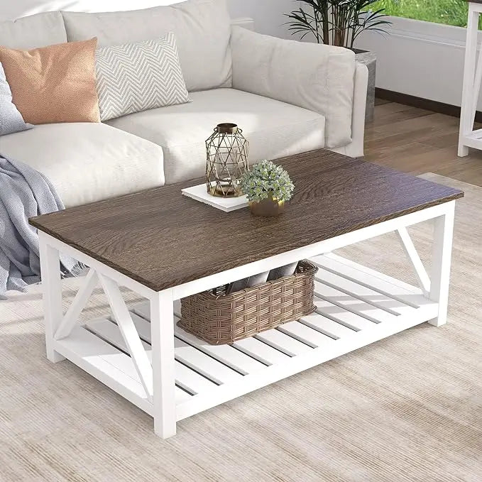 ChooChoo Farmhouse Coffee Table, Rustic Vintage Living Room Table with Shelf, 40 White - LeafyLoom
